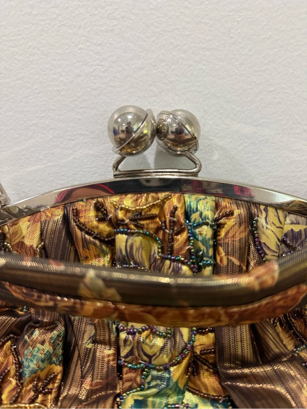 Vtg INS Metallic Brocade Floral Beaded Evening Bag Gold Brown Kiss Lock Clutch